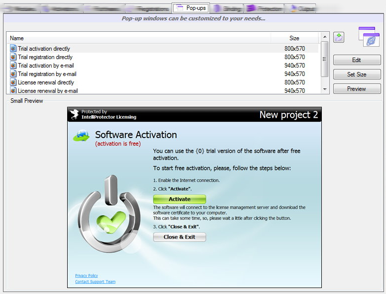 Popups Tab Page